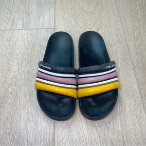 Tory Burch Black Leather quilted stripe slides Size 9